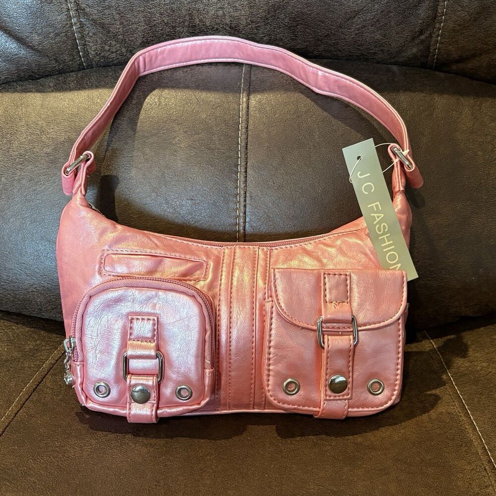 JC Fashion Pink Metallic Shoulder Bag Y2K Cargo Pocket Purse NWT Zip Top Handbag